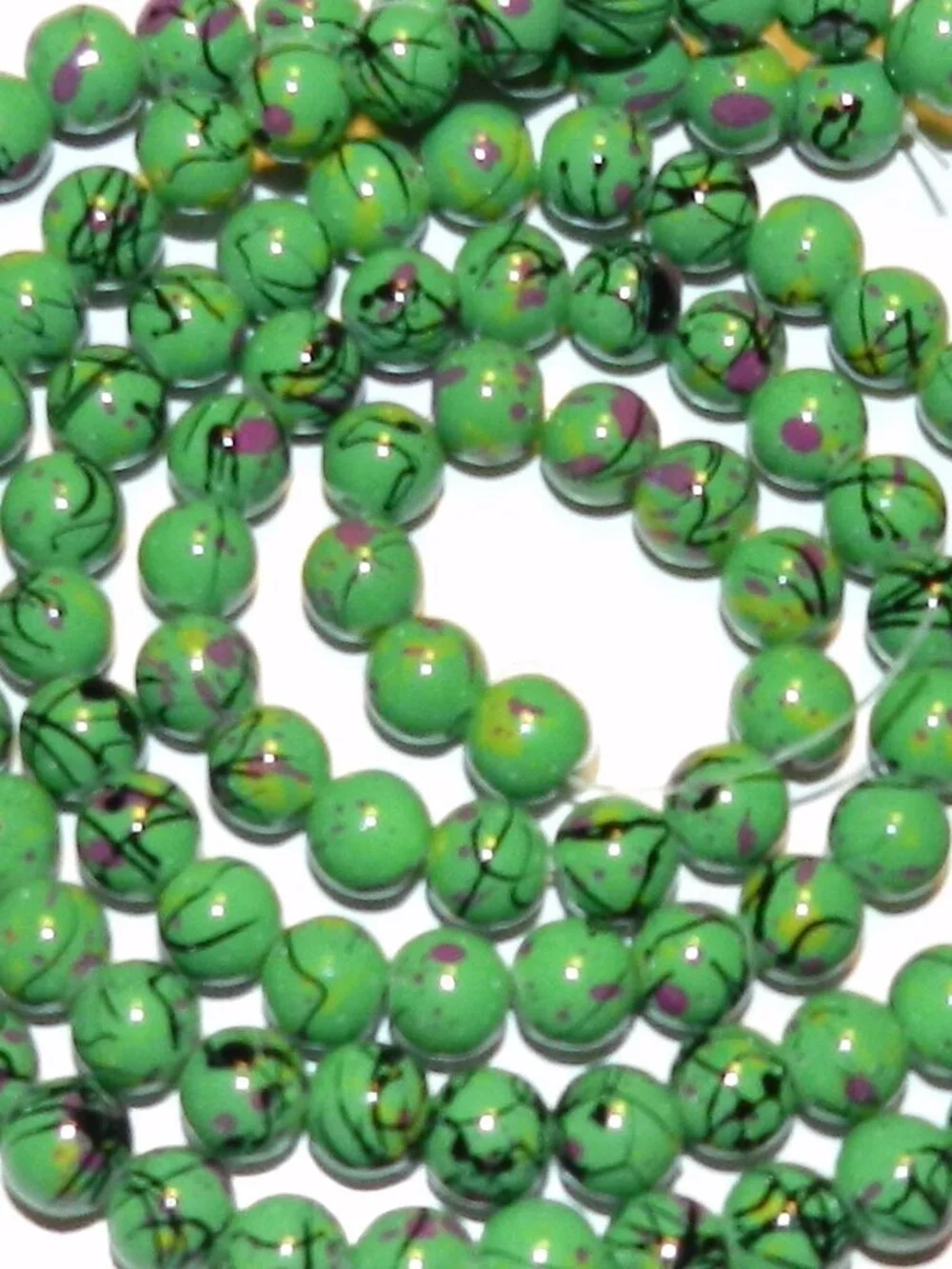 Bright Green 8mm Round Graffiti Splatter Drawbench Opaque Glass Beads 32